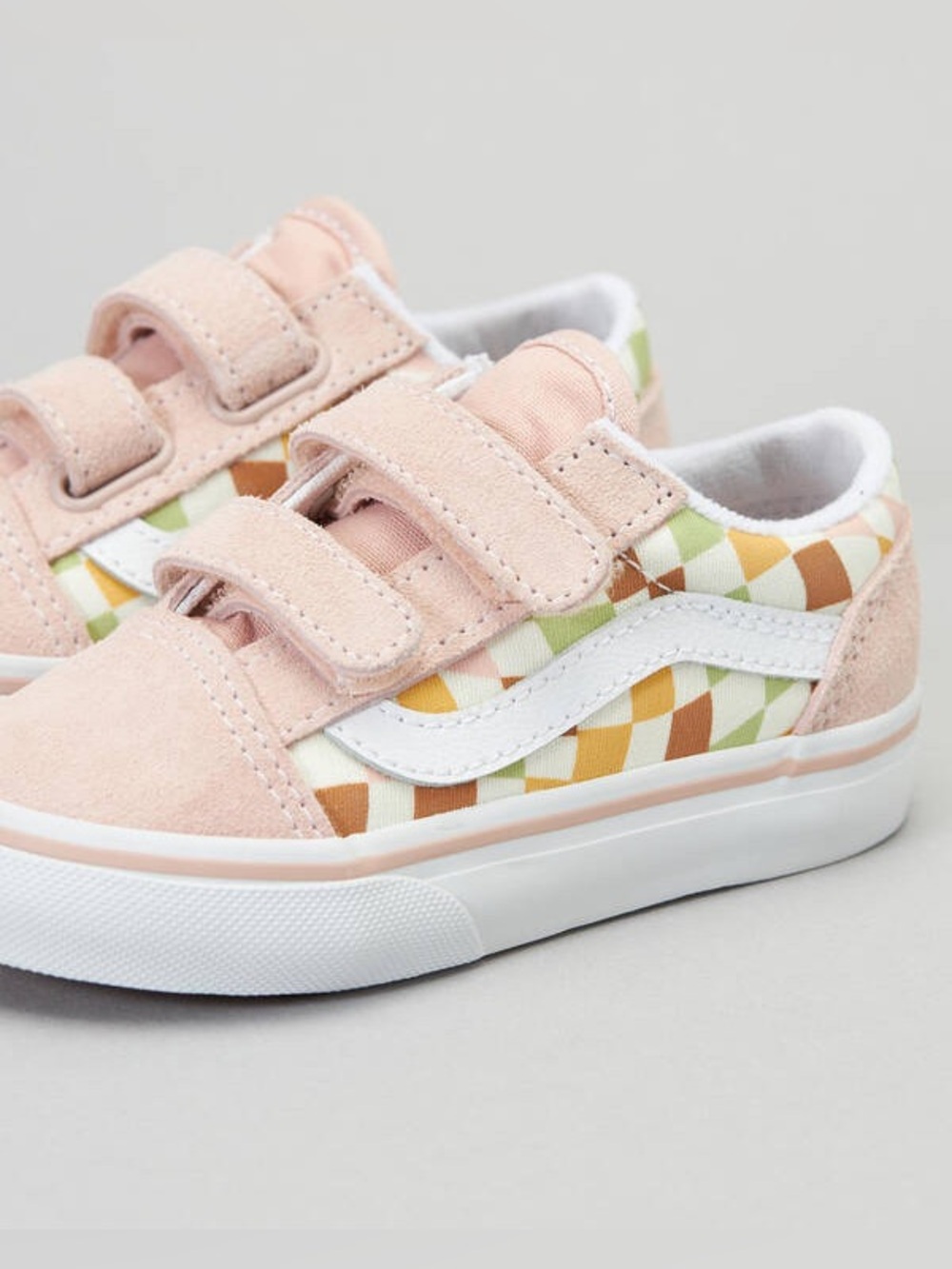 Vans Old Skool Toddler 7.5 Pink White Hook & Loop Shoes Suede Canvas Wavy Check
